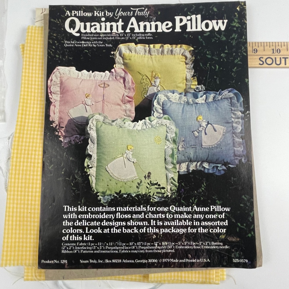 Vintage 1979 Yours Truly Quaint Anne Pillow Kit 1291 Yellow Gingham Embroidery
